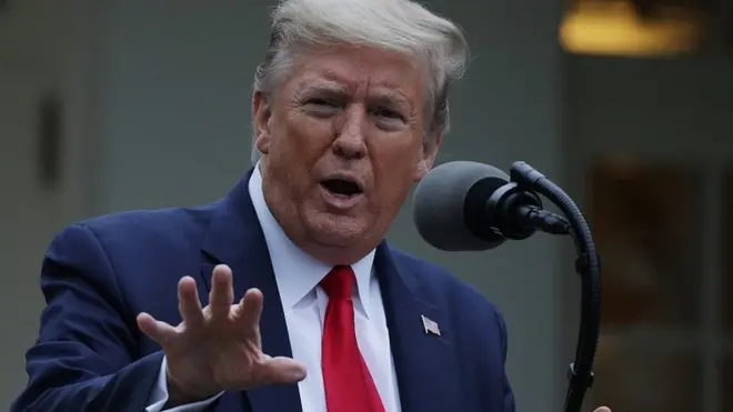 President Donald Trump speaks during the daily briefing of the White House Coronavirus Task Force in the Rose Garden at the White House April 14, 2020