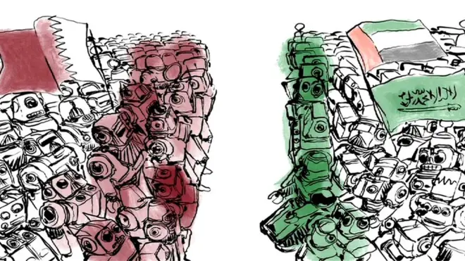 कार्टून जिसमें क़तर और सऊदी अरब की रोबोट आर्मी को एक दूसरे के सामने तैतान खड़े दिखाया गया है