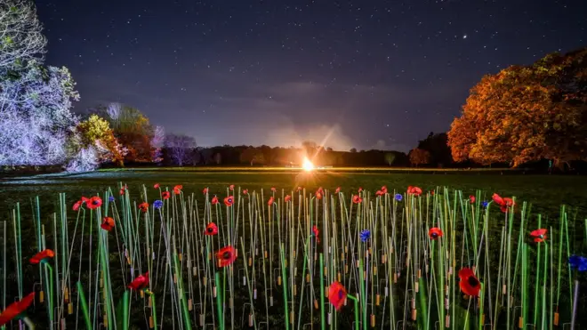A beacon lights up the sky at Barrington Court in Somerset - one of more than 1,000 lit across the UK