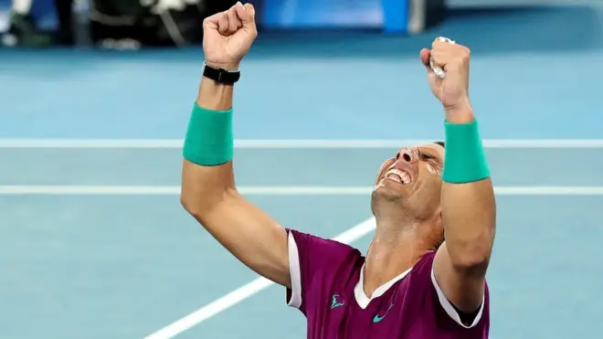 Rafael Nadal celebrates 2022 Australian Open win