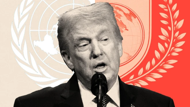 ትራምፕ፤ ከጀርባቸው የተመድ እንዲሁም የሰላም ቦርድ ዓርማ