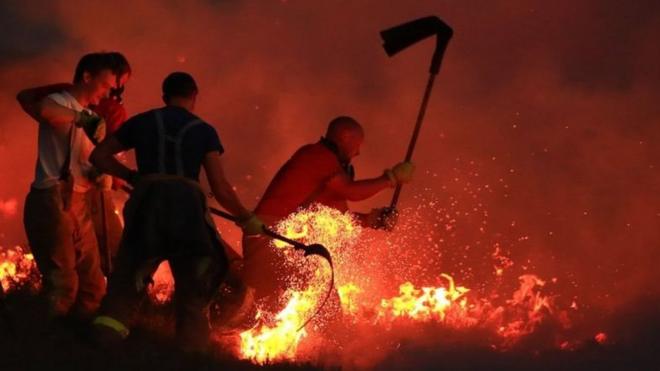 رجال يشاركون في إطفاء حريق في الغابة في اليونان