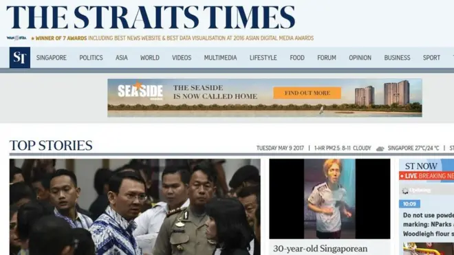Vonis dua tahun atas Ahok menjadi berita utama di The Strait Times versi internet.