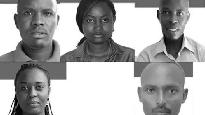 Hejuru ibubafu; Térence Mpozenzi, Agnès Ndirubusa Egide Harerimana. Hasi: Christine Kamikazi n'umushoferi wabo Adolphe Masabarakiza baracyapfunze