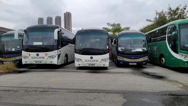 香港葵涌货柜码头旁“旅游巴坟场”内停放的闲置旅游巴士（11/1/2023）