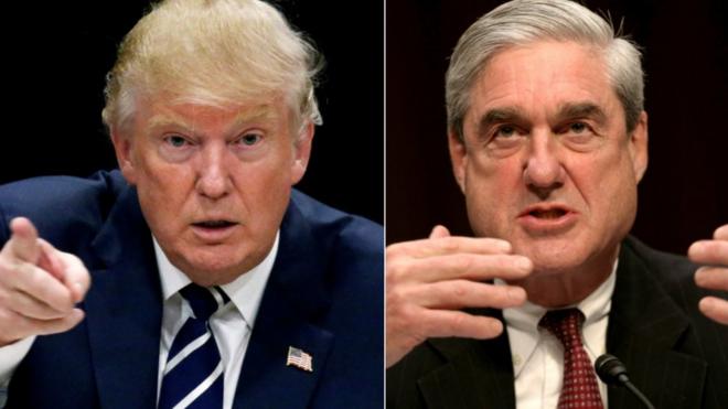 Side-by-side collage of President Trump, pointing toward camera, and Robert Mueller speaking