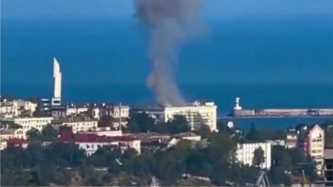 Smoke rising near Black Sea fleet HQ in Sevastopol, in unverified video footage