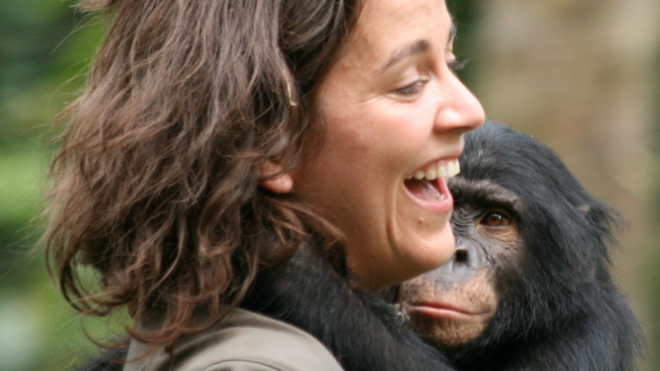 Isabel Behncke riendo con un simio en brazos.