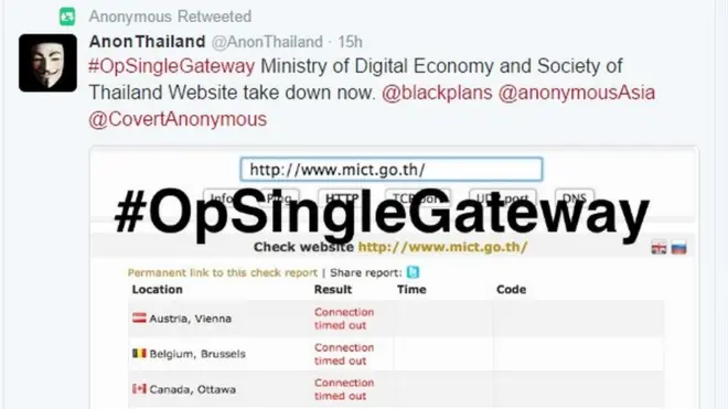 กลุ่มพลเมืองต่อต้านซิงเกิลเกตเวย์เผยแพร่ข้อความผ่านทวิตเตอร์ระบุว่าเป็นผู้โจมตีเว็บไซต์ของกระทรวงดิจิทัลเพื่อเศรษฐกิจและสังคม