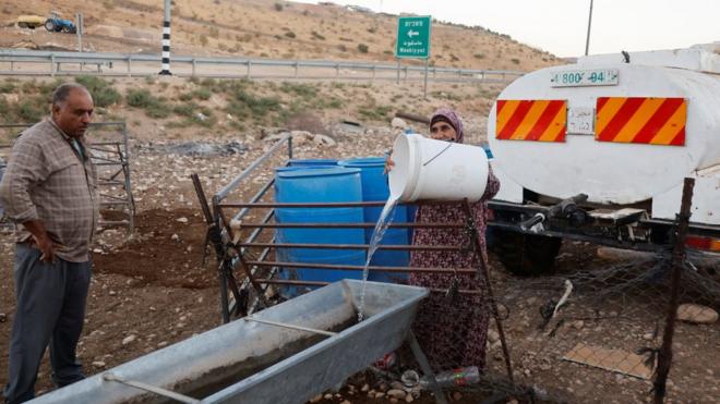 سيدة فلسطينية تسكب الماء لماشيتها.