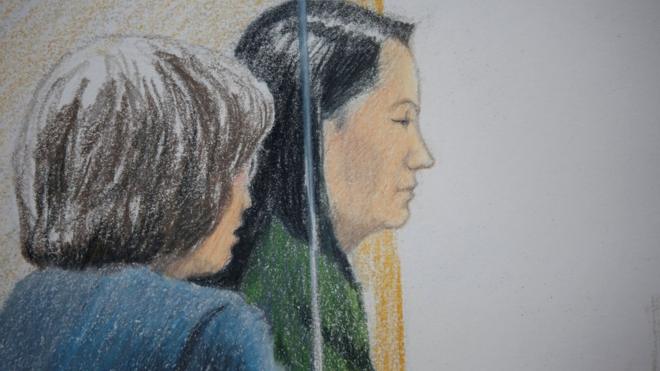 2018年12月7日，孟晚舟出席加拿大温哥华保释听证会的法庭画像