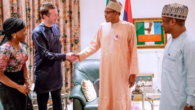 Nigeria Presido Muhammadu Buhari and Jamie Angus, Toyosi Ogunseye and Aliyu Tanko