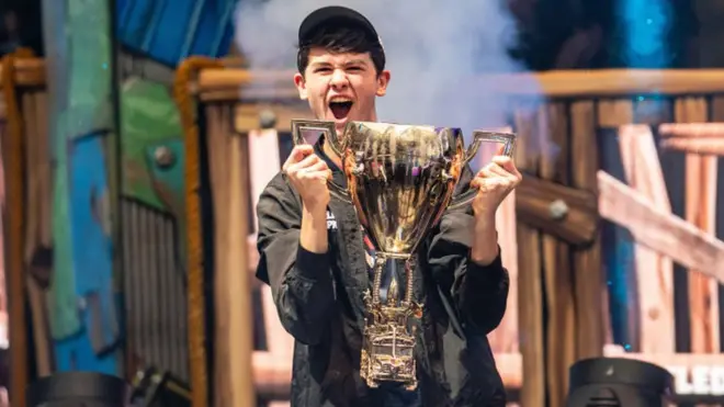 Kyle "Bugha" Giersdorf celebrates winning Fortnite World Cup at Arthur Ashe Stadium on July 28, 2019