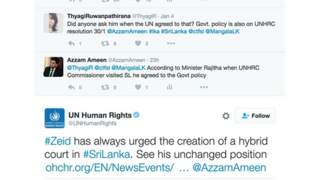 රාජිත සේනාරත්න ඇමතිවරයා පැවසුවේ යුද අපරාධ පරීක්ෂණය සඳහා දේශීය විනිසුරන් පමණක් යොදාගැනීම සඳහා එක්සත් ජාතීන්ගේ සංවිධානය පවා අනුමැතිය ලබා දී ඇති බවය.