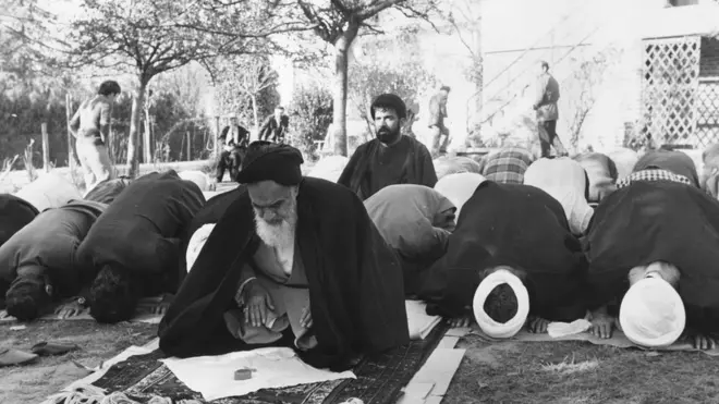Iranian leader Ayatollah Khomeini in the garden of his French home in exile at Neauphle le Chateau