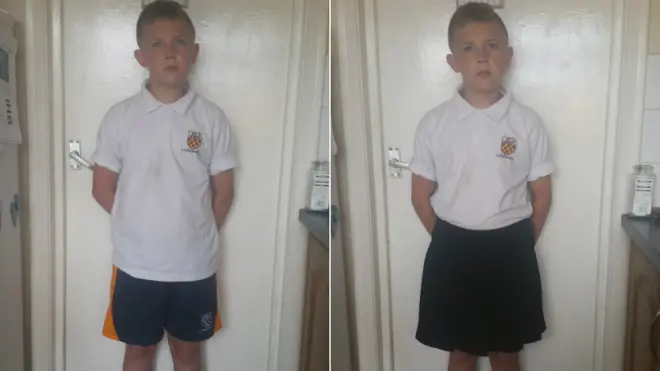 Michael Parker in school PE shorts (left) and school skirt (right)