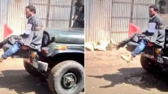 یہ تصویر اپریل کے مہنے میں وائرل ہو گئی تھی جس میں ایک مقامی شخص کو جیپ کے آگے باندھ کر انسانی ڈھال کے طور پر استعمال کیا گيا ہے