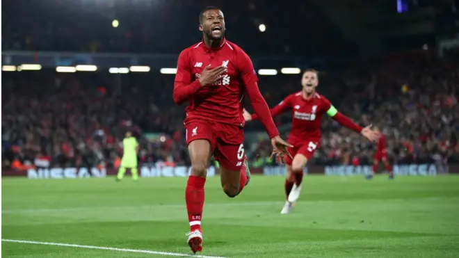 Gini Wijnaldum mencetak dua dari tiga gol Liverpool ke gawang Barcelona.