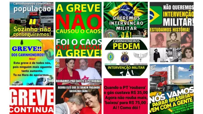 Algumas das imagens que mais circularam em grupos de WhatsApp sobre a greve de caminhoneiros / Imagem: Reprodução Projeto Eleições Sem Fake e grupos de WhatsApp