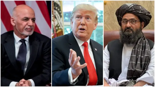 ملا عبدالغنی برادر، رئیس دفتر طالبان در قطر، دونالد ترامپ، رئیس‌جمهوری آمریکا و محمد اشرف غنی، رئیس‌جمهوری افغانستان