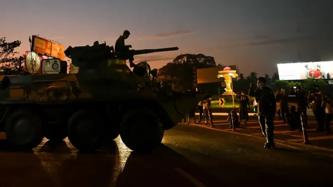 Armoured vehicles have appeared on the streets of several cities, including Yangon (pictured)