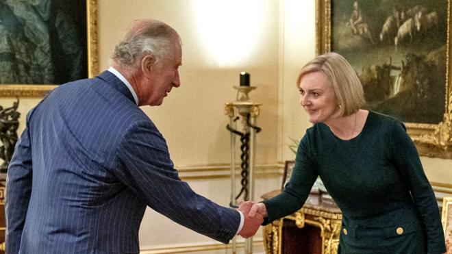 King Charles shakes hands with Prime Minister Liz Truss