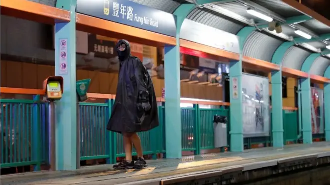 Protester on MTR station platform at Yuen Long, 5 October 2019