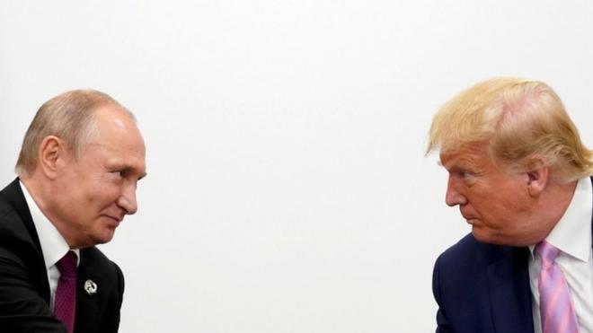 U.S. President Donald Trump and Russian President Vladimir Putin hold a bilateral meeting at the G20 leaders summit in Osaka