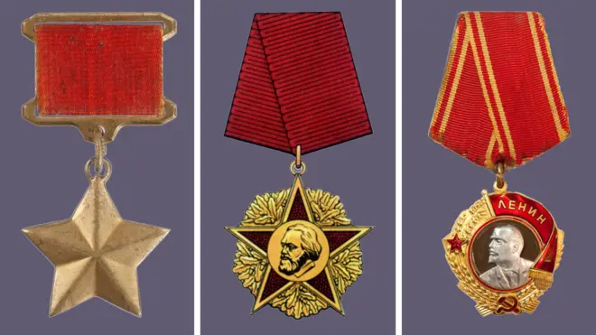 Images of medals similar to those stolen: (L-R) Hero of Soviet Union; Order of Karl Marx; Order of Lenin