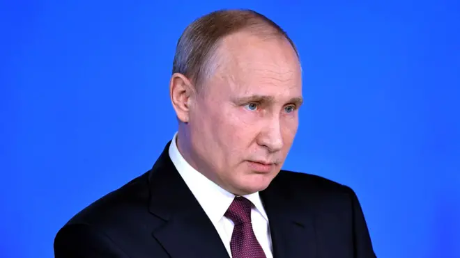 Russian President Vladimir Putin addresses the Federal Assembly at Moscow's Manezh exhibition centre on 1 March 2018