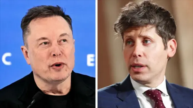 Split screen with Elon Musk on the left and Sam Altman on the right