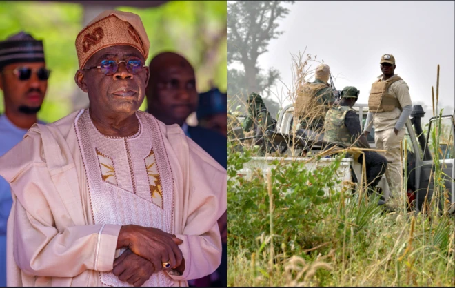 Ààrẹ Tinubu wọ agbádá wà ní apá òsì, àwọn ọmọ ogun tó wà lórí ọkọ̀ wá ní apá ọ̀tún