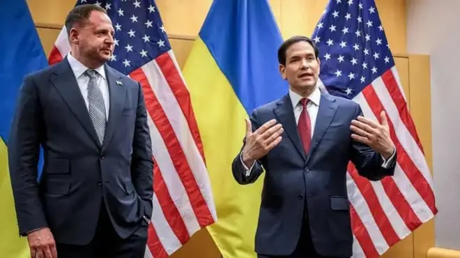 Керівник офісу Володимира Зеленського Андрій Єрмак і держсекретар США Марко Рубіо в Женеві