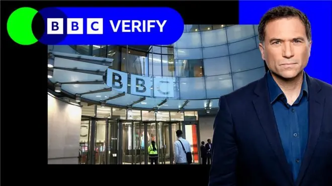 BBC本社の玄関の外観と、アトキンス分析担当編集長の写真