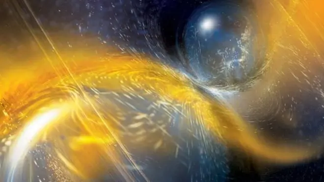 ภาพจากฝีมือศิลปินจำลองเหตุการณ์คู่ดาวนิวตรอนกำลังชนและรวมตัวเข้าด้วยกัน