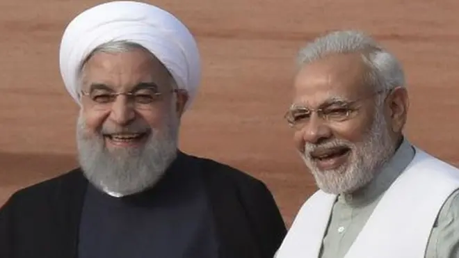 राष्ट्रपति रामनाथ कोविंद और प्रधानमंत्री नरेंद्र मोदी के साथ ईरान के राष्ट्रपति हसन रूहानी (वर्षः 2018)