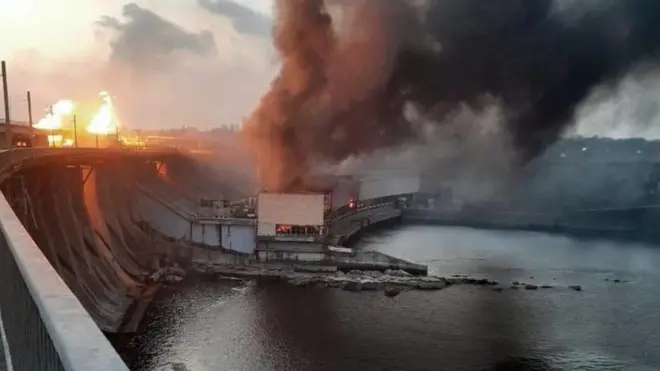 A Russian strike hit Ukraine's largest dam, the DniproHES in Zaporizhzhia