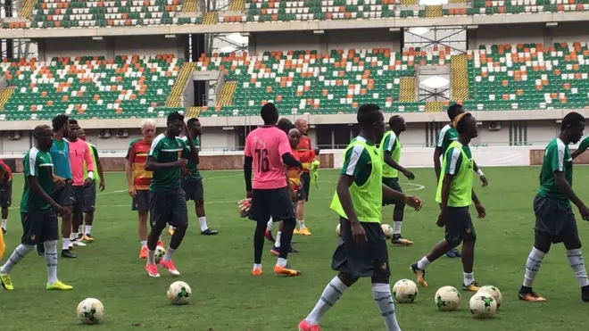 Cameroon team don dey train for inside Godswill Akpabio Stadium, Uyo