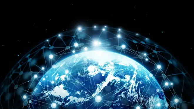 Graphic showing the Earth surrounded by a communications network