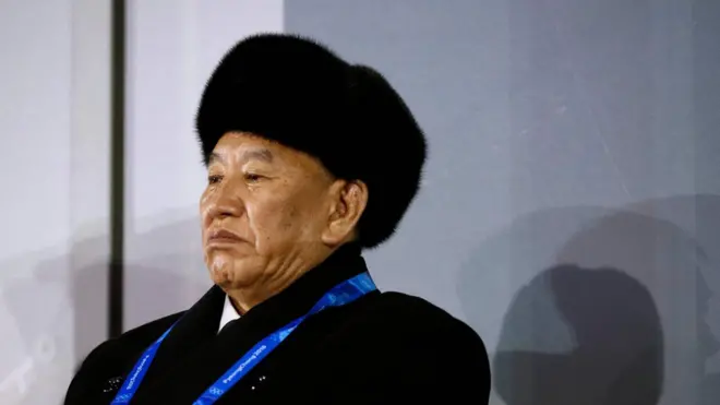 Kim Yong-chol memimpin delegasi Korea Utara dalam penutupan Olimpiade Musim Dingin 2018 di Korea Selatan.