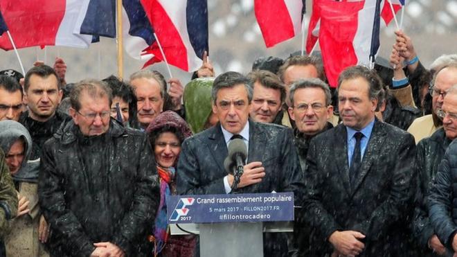 French conservative presidential candidate Francois Fillon delivers his speech during a rally in Paris, Sunday, March 5, 2017.