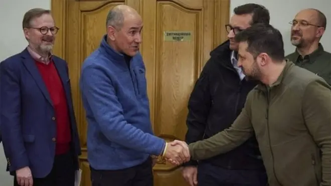 The Slovenian, Polish and Czech prime ministers, together with Poland's ruling party leader, took the long journey from Warsaw to Kyiv