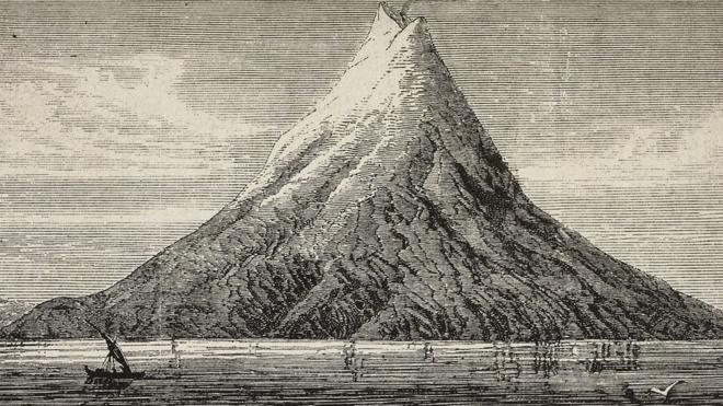 Sebuah ilustrasi Gunung Krakatau sebelum erupsi di tahun 1883.