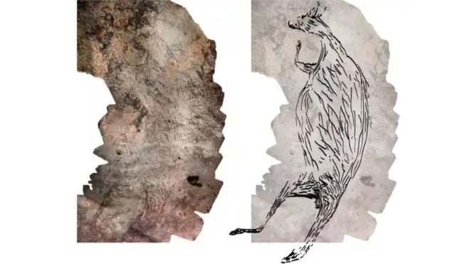 A montage of photographs of the 17,300-year-old kangaroo rock painting (left) and an illustration of it (right)