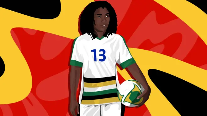 Une illustration de la footballeuse Eudy Simelane, portant le maillot national de l'Afrique du Sud et tenant un ballon de football, sur fond rouge, jaune et noir
