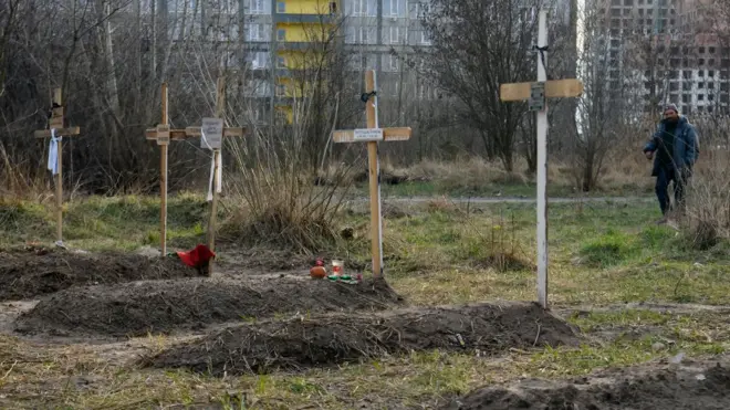 Graves in a residential area in Bucha