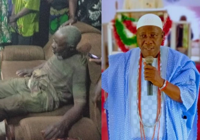 Ọba Olanipekun ṣaaju ko to ko sọwọ awọn ajinigbe wọ aṣọ olomi aro, o mu gbohungbohun dani lapa ọtun. Ninu aworan apa osi, Ọba Olanipekun ṣẹṣẹ kuro ni akata awọn ajinigbe ti o si jọ ẹni ti ara rẹ ko da