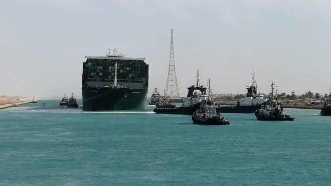 阻礙蘇伊士運河的「長賜號」巨輪3月29日終於脫困，被拖出運河做進一步檢查。