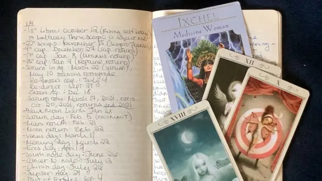 Le journal de notes de Caroline Goldstein lors d'une lecture d'astrologie avec l'astrologue et lecteur de tarot Jeff Hinshaw
