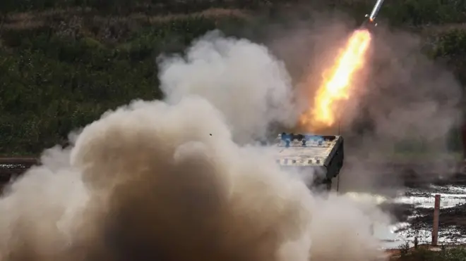 Thermobaric weapons can be launched from vehicles like this TOS-1A Solntsepyok multiple rocket launcher